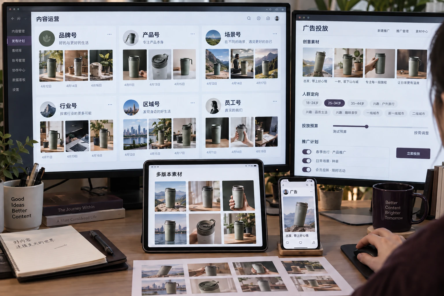 传播流程示意:团队为同一内容准备多个版本,安排矩阵账号分发与广告投放,持续扩大触达。